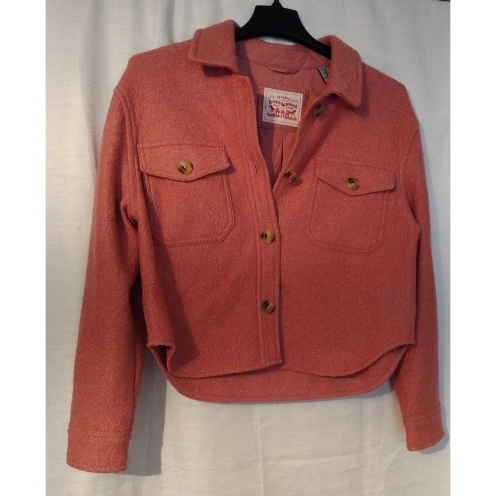 Levi Strauss Women Cropped Wool Blend Dark Pink Textured Button-Front Jacket-M